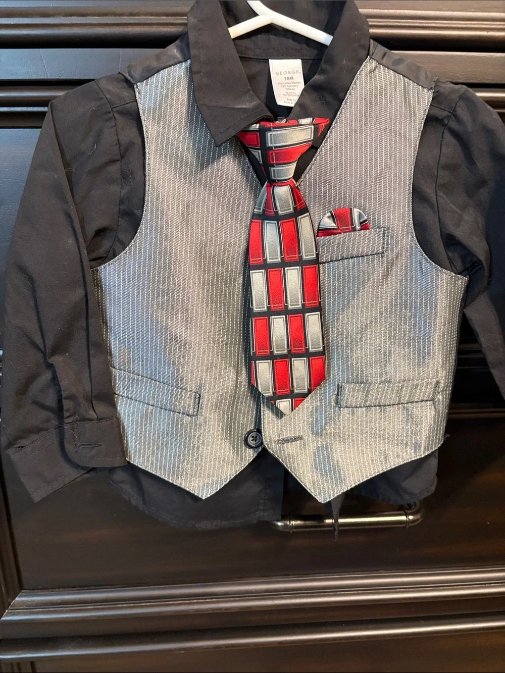 George Boys' Black Shirt with Gray Pinstripe Vest and Red Patterned Tie